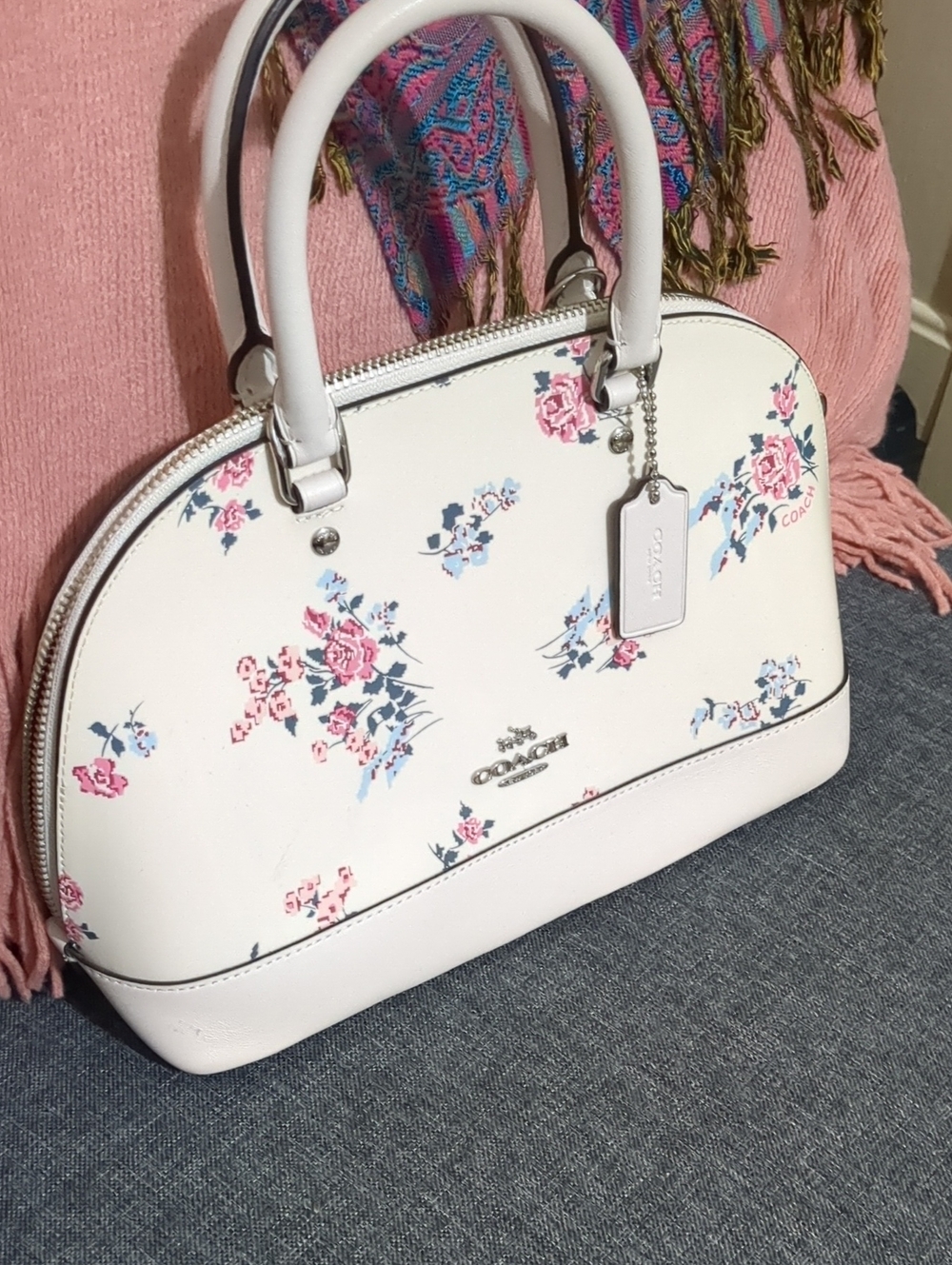 Coach White Floral Dome Satchel — Pink & Light Blue Roses